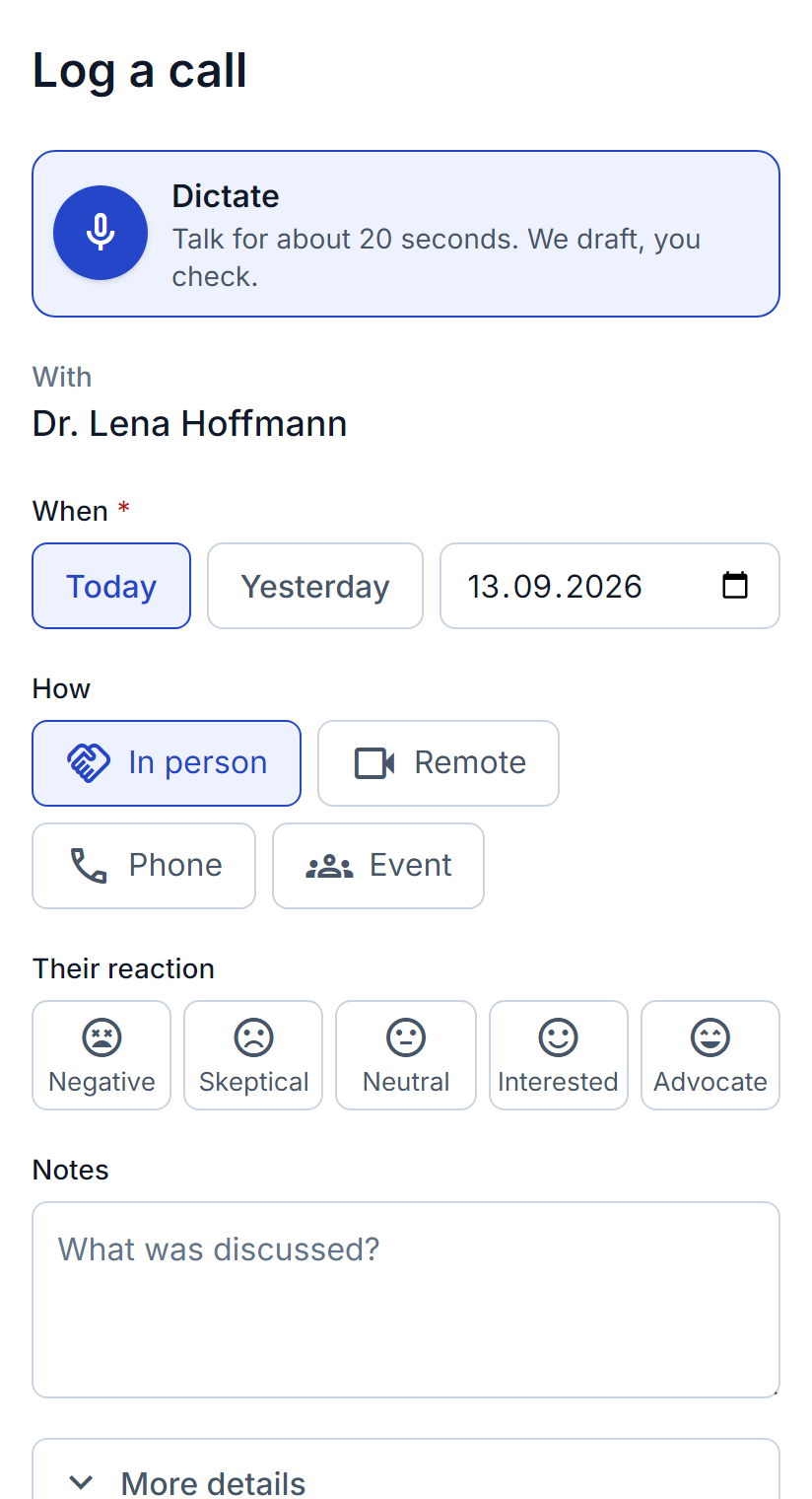 The call report form on a phone, with dictation at the top.